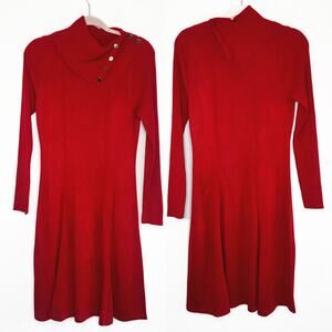 Vintage Vicky Tiel Red Long Sleeve Button Cowl Neck Midi Knit Sweater Dress